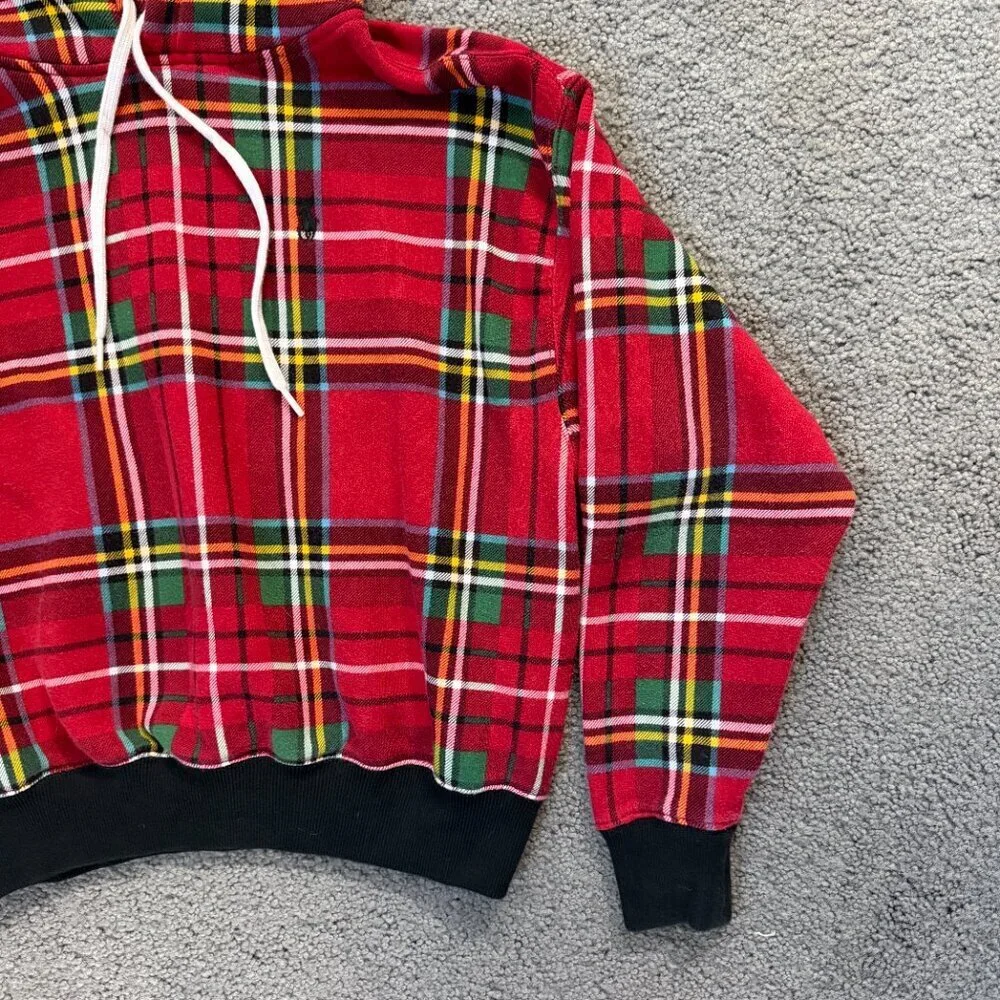 Polo Ralph Lauren Red Plaid Tartan Fleece Hoodie Pullover in Men's Sz. XS - EUC